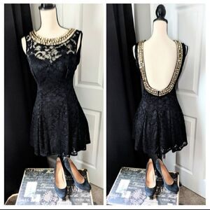 B. Darlin Black Lace Jewelled Backless Mini Dress